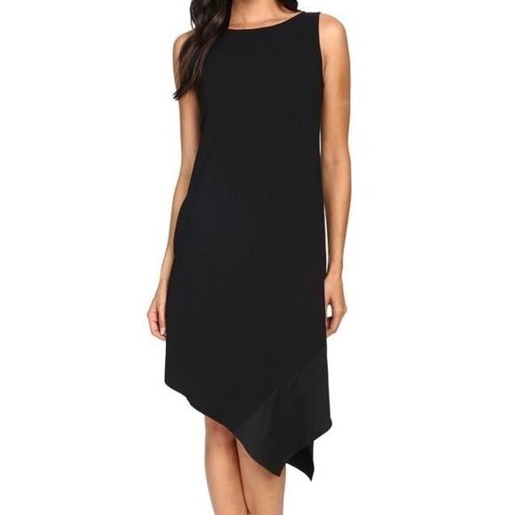 $268 Trina Turk Black Joyous Crepe Asymmetric Shift Dress Pockets Small NEW - Picture 2 of 12